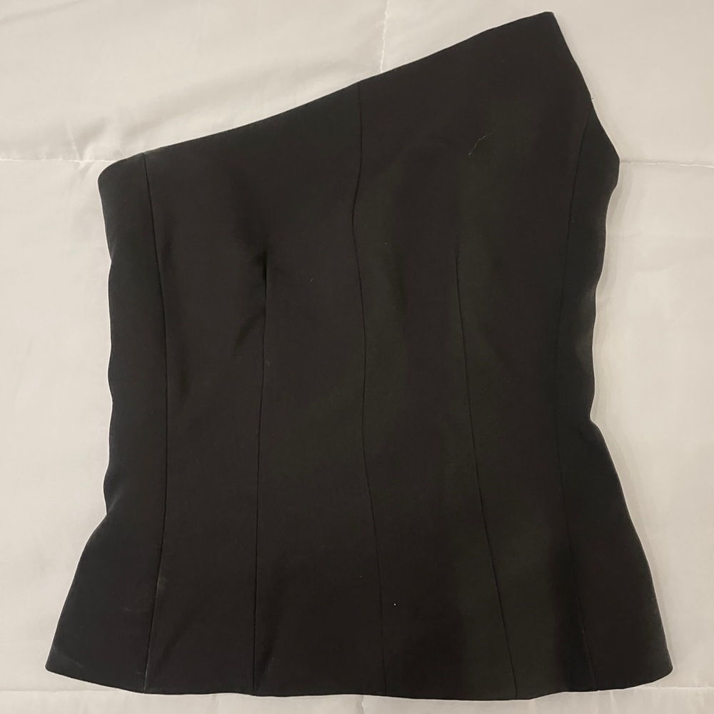 asymmetric corset like, strapless black top